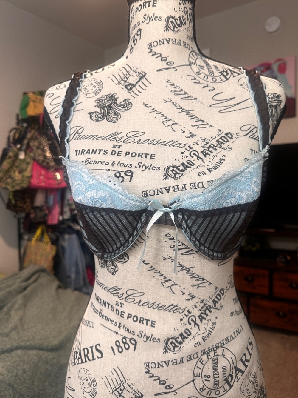 Adorable Coquette Blue and Brown Bra w/ lace and striped details and ruffle stra